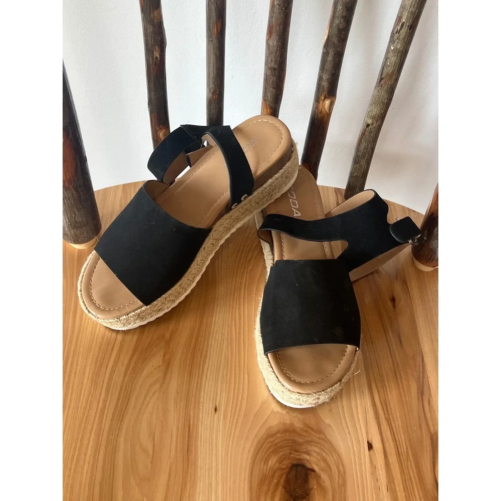 Soda Womens Black Faux Suede Espadrille Platform Wedge Ankle Strap Sandals 2in 8